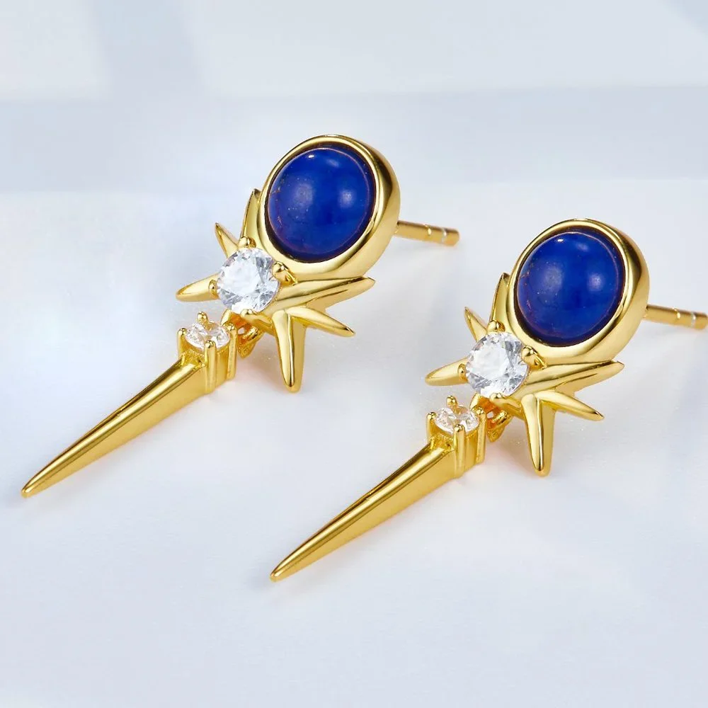 NEW 18K gold plated sterling silver earrings,natural lapis lazuli,gemstone - Picture 2 of 12